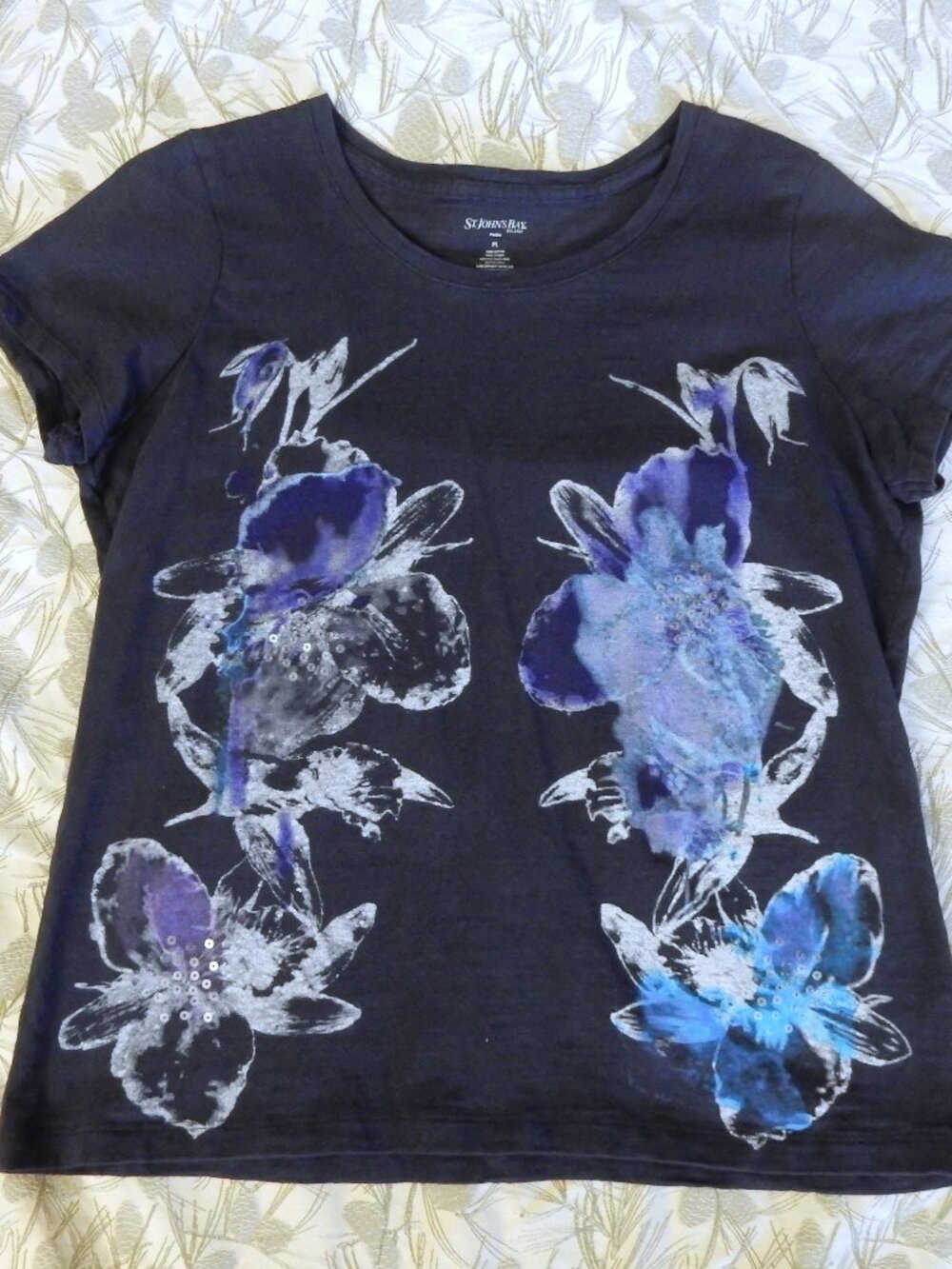 St John's Bay navy abstract floral sequin shirt top tee PL petite large